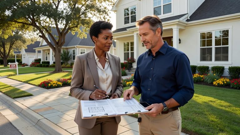 A prospective homebuyer reviews property documents with a real estate professional outside a home.