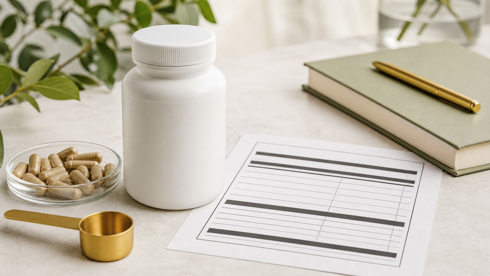 Unbranded supplement bottle, capsules, scoop, notebook, and a generic nutrition-style label on a desk.