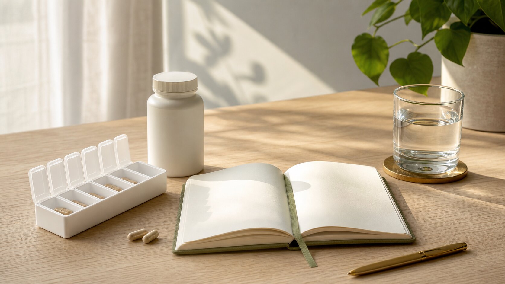 Weekly pill organizer, unbranded supplement bottle, wellness journal, pen, and glass of water on a wooden table.