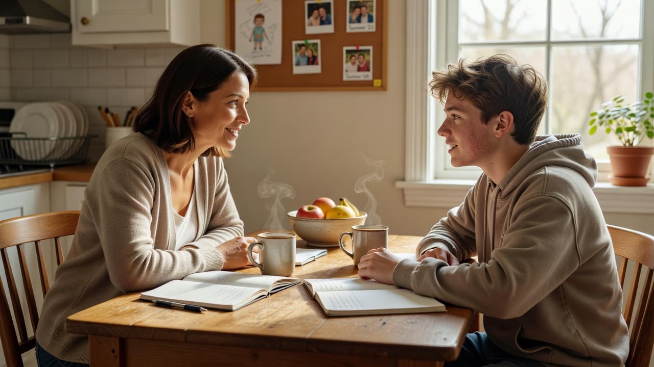 Parent and teenager having an open conversation together at the kitchen table.