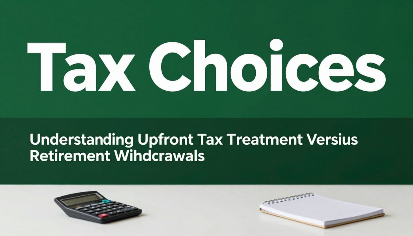 Minimalist desk with a calculator and notebook beneath a dark-green Tax Choices banner.