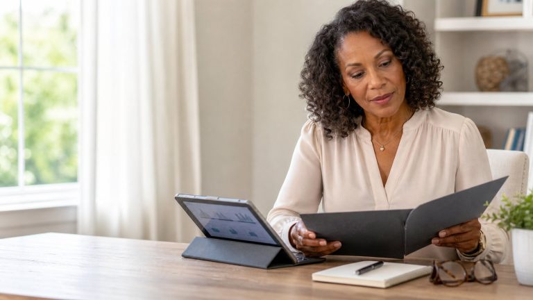 Woman reviewing financial documents and a tablet at a home office desk.