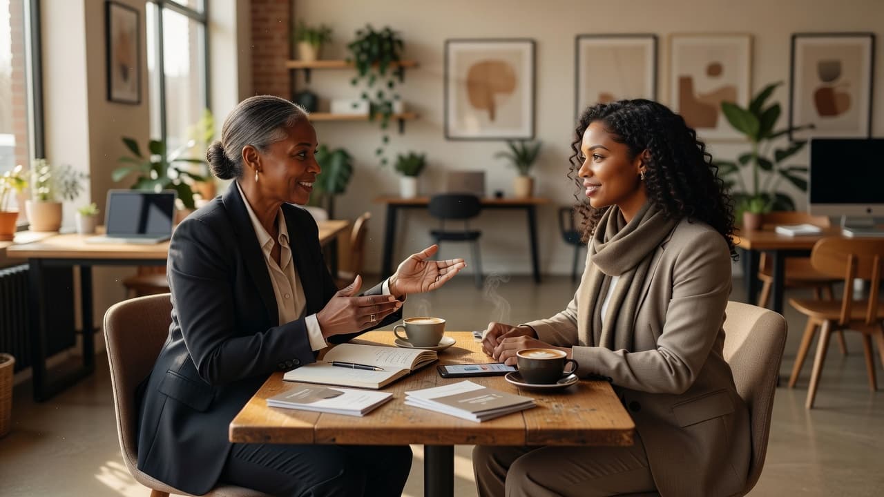 Experienced woman entrepreneur mentoring another woman during a business conversation