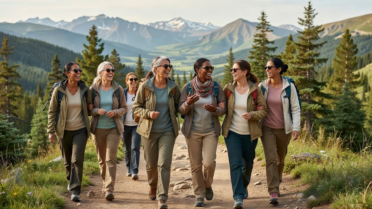 Group of women enjoying a mountain hiking getaway together