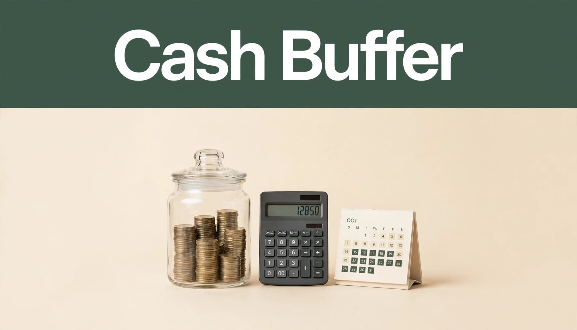 A coin-filled glass jar beside a calendar and calculator on a cream workspace.
