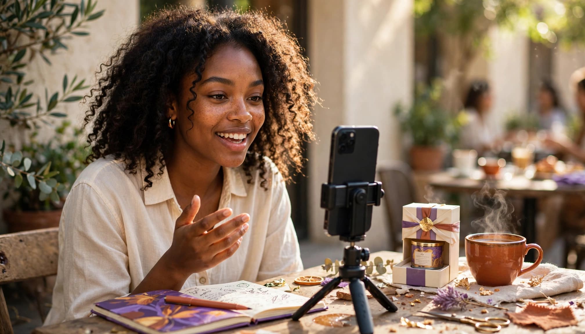 Young Black woman recording a product video with her smartphone at a café table.