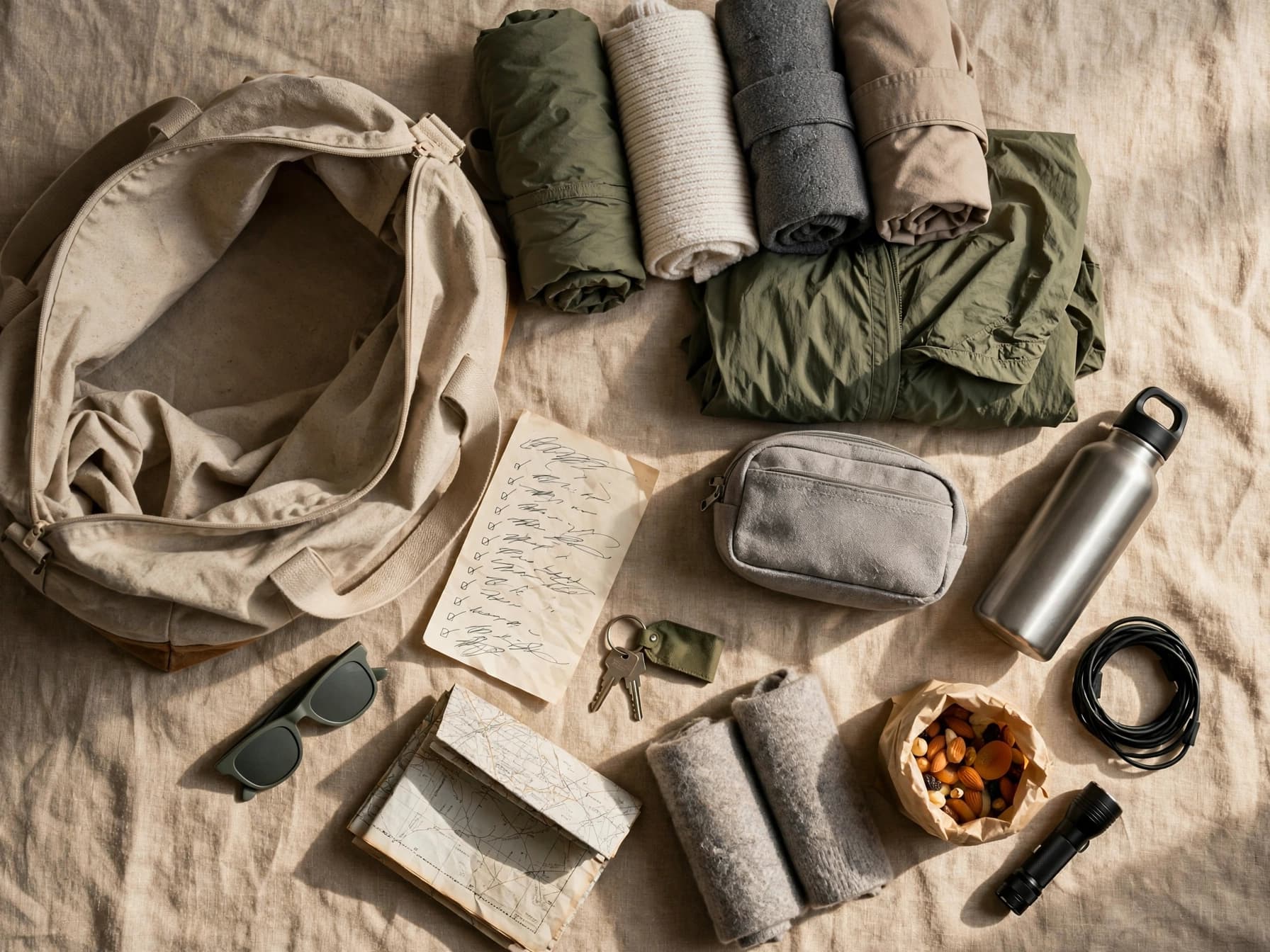 Open travel bag with rolled clothes, water bottle, pouch, snack, flashlight, map, and charging cable