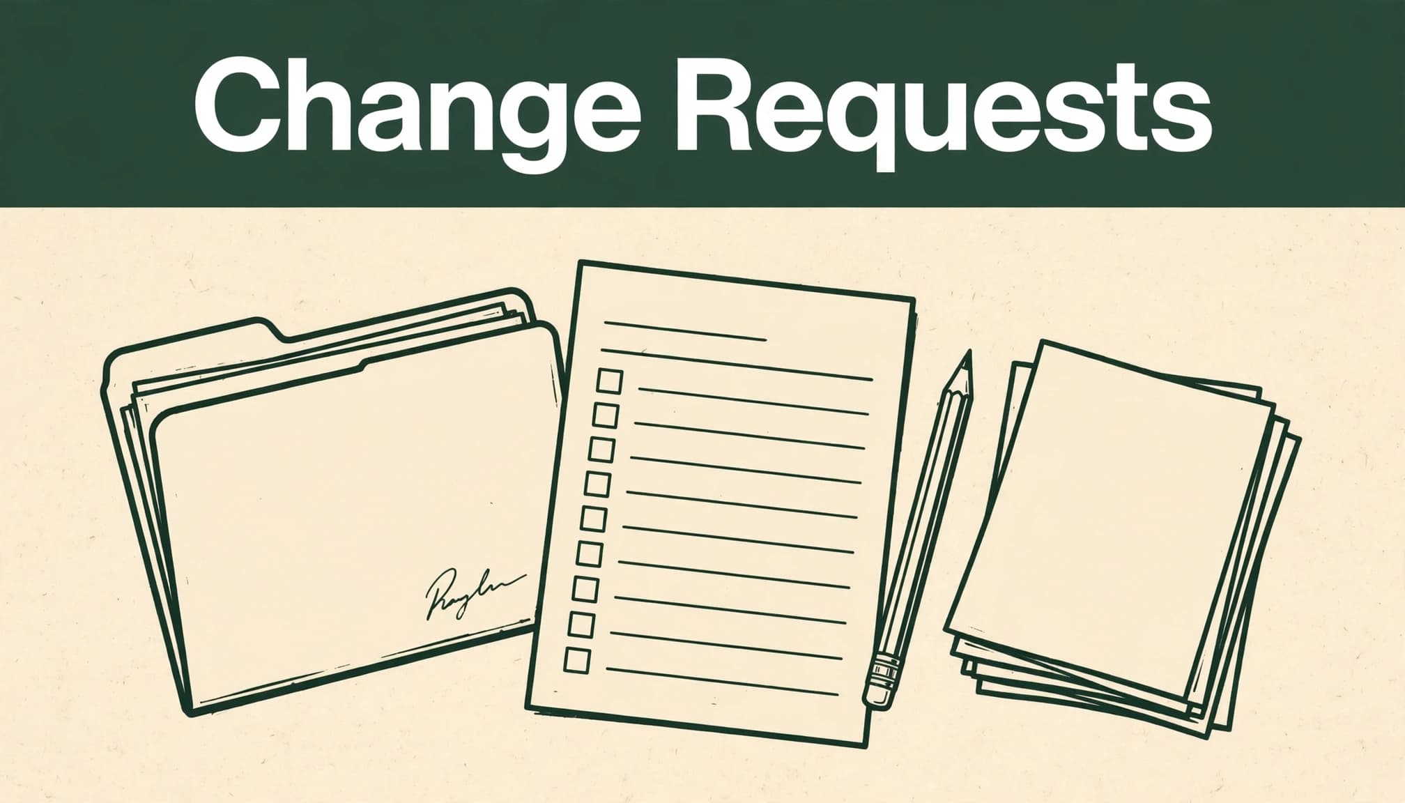 A signed folder, blank form, pencil, and revision pages sit on a cream surface.