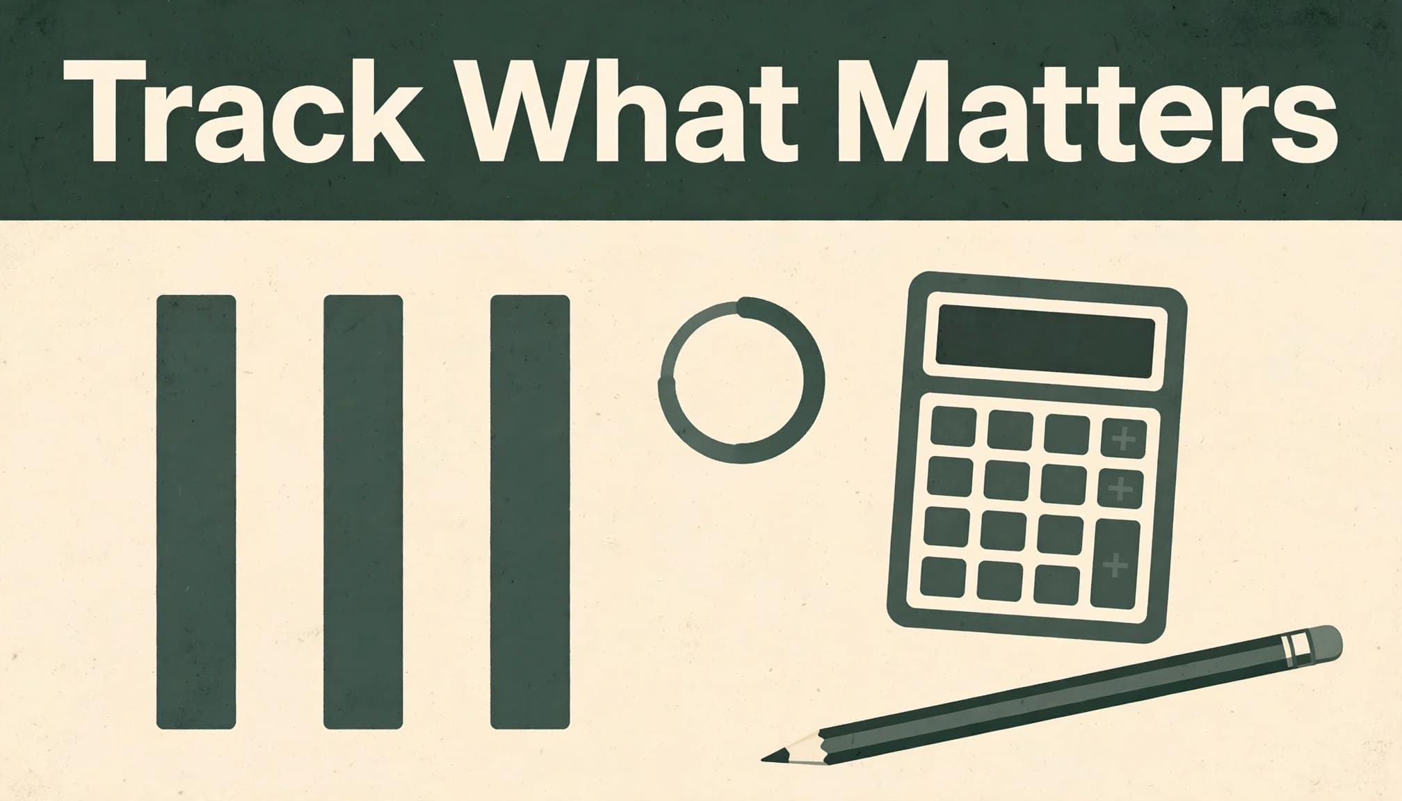 Three bars and a progress marker sit beside a calculator and pencil.