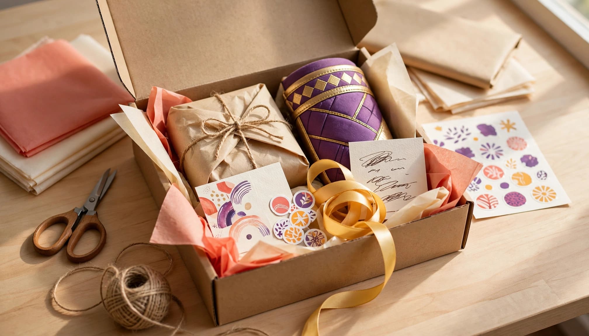 Colorful small-business order package with tissue paper, reusable drink sleeve, thank-you card, stickers, and a wrapped product.