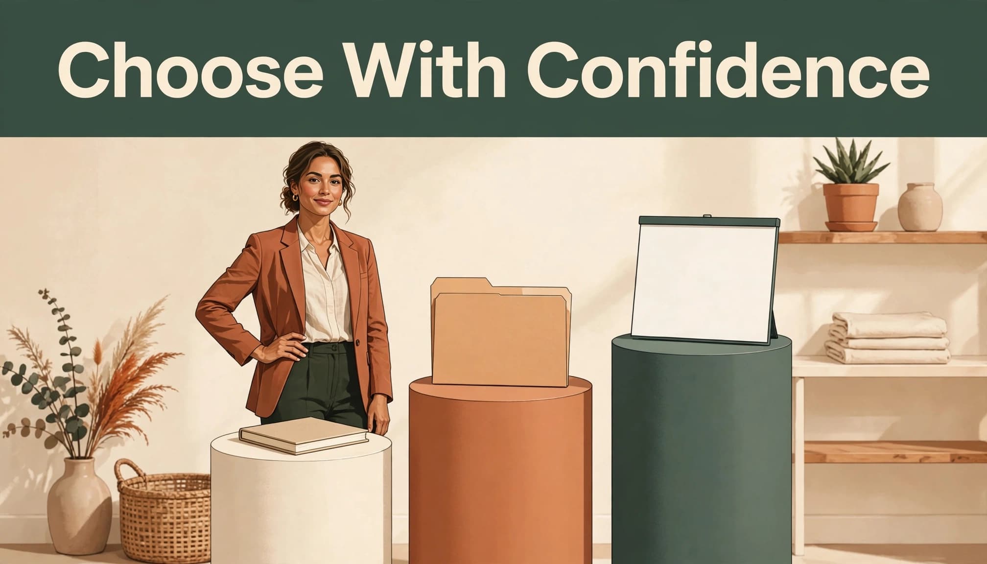 A woman stands beside three pedestals holding a notebook, folder, and presentation board.