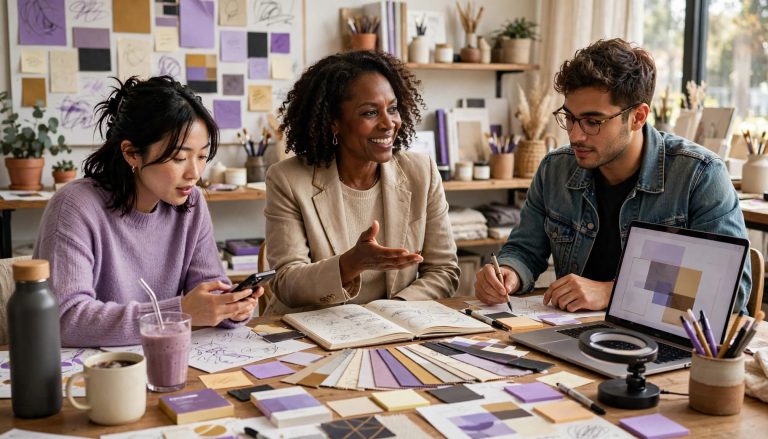 Diverse small-business team planning social-media content around a table.