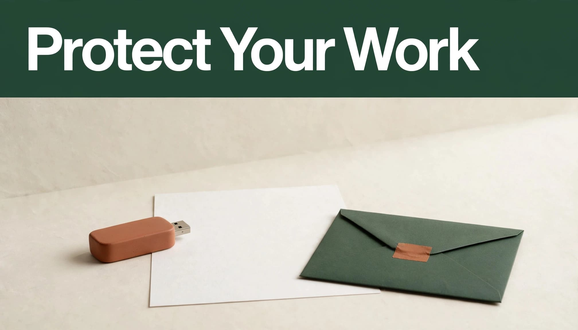 A ceramic USB drive, blank proof sheet, and sealed envelope beneath a green headline band.