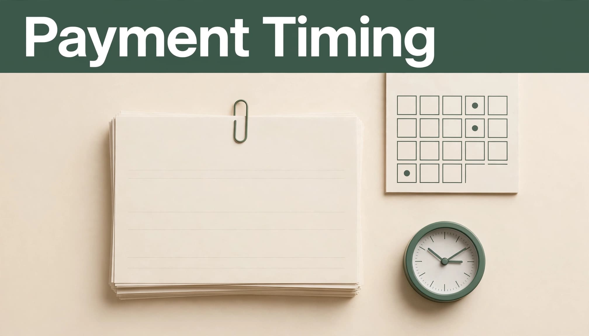Invoices, a marked calendar, and a small clock arranged on a cream tabletop.