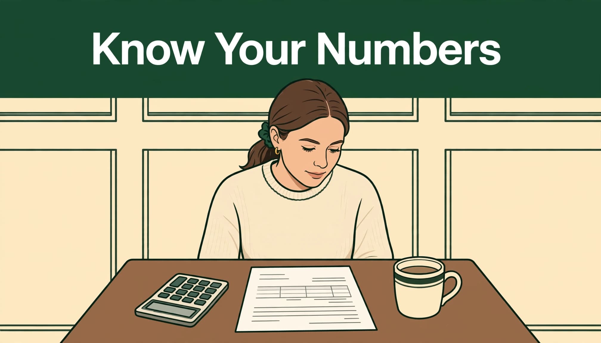 A woman reviews a financial statement beside a calculator and coffee mug.