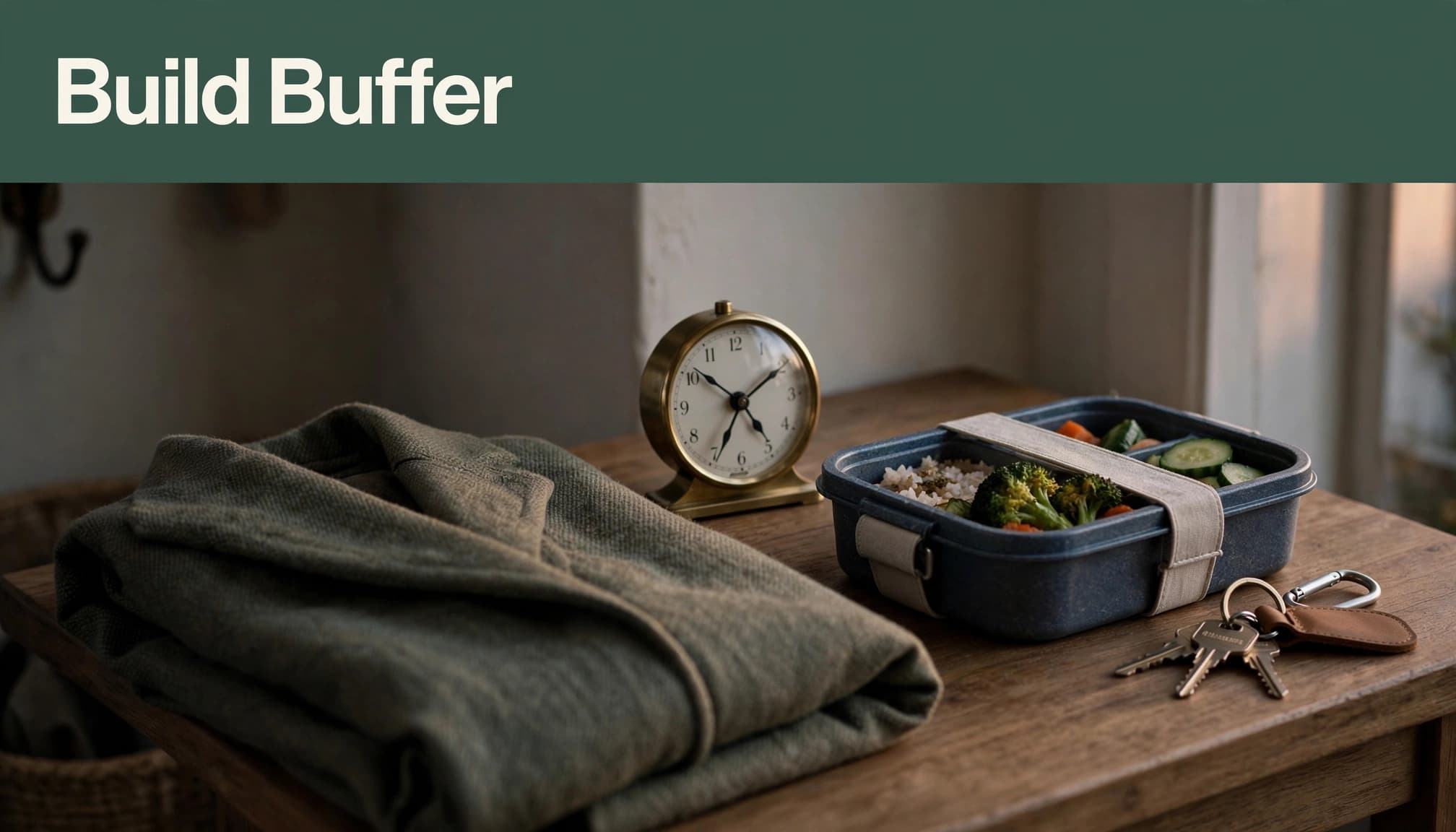 An analog clock sits beside a meal container, keys, and folded jacket on an entryway console.