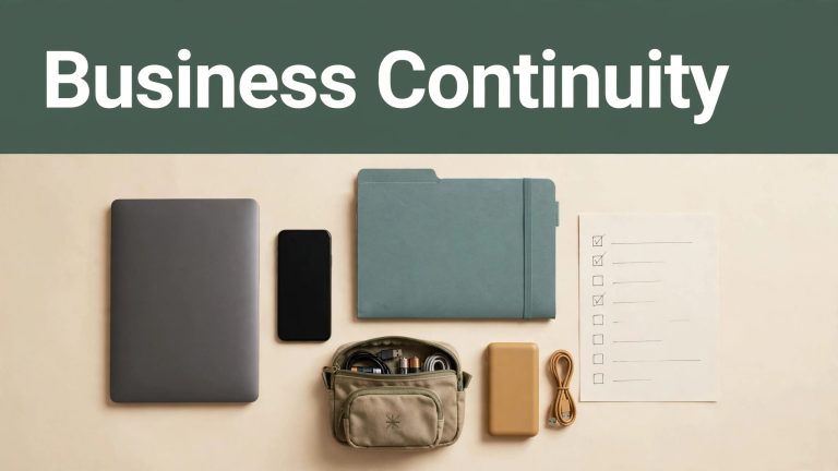 Solo business supplies and an emergency kit arranged beneath a Business Continuity banner.