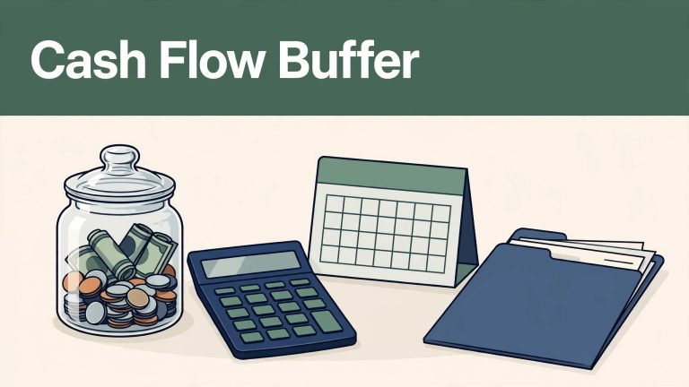 A cash-filled jar sits beside a calculator, calendar, and invoice folder.