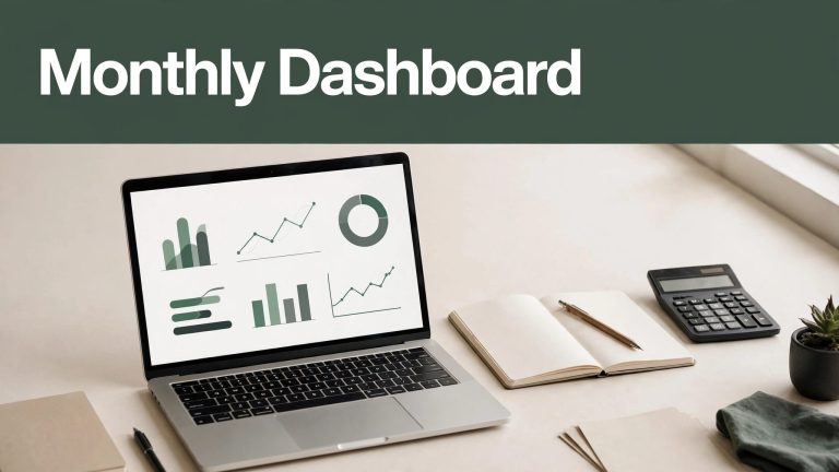 Laptop showing business charts beside a notebook and calculator.