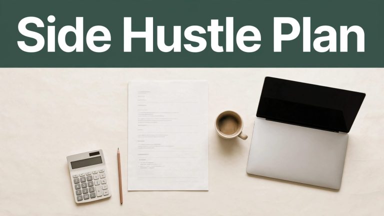 A business plan sits on a desk beside a laptop, pen, calculator, and coffee cup.