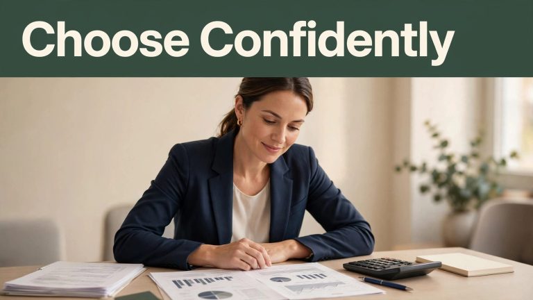 A woman reviews financial documents and a calculator beneath a Choose Confidently banner.