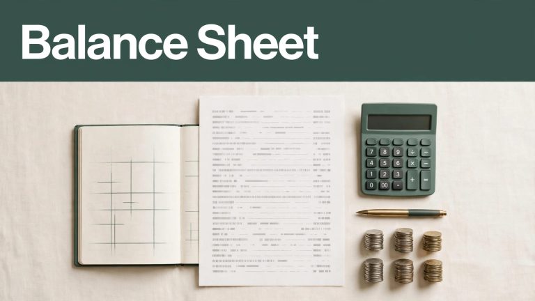 Balance sheet surrounded by a calculator, pen, ledger, and coins on a tidy desk.