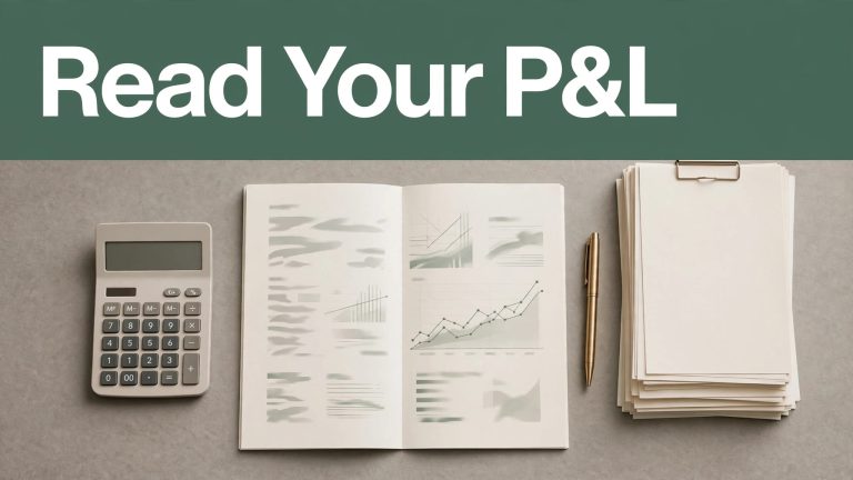 An open profit-and-loss sheet with a calculator and pen on a desk.