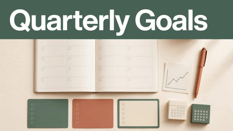 Open planner, goal cards, and growth chart arranged on a desk beneath a green banner.