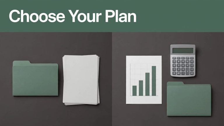 Split graphic showing SEP IRA papers on the left and a Solo 401(k) folder with calculator on the right.