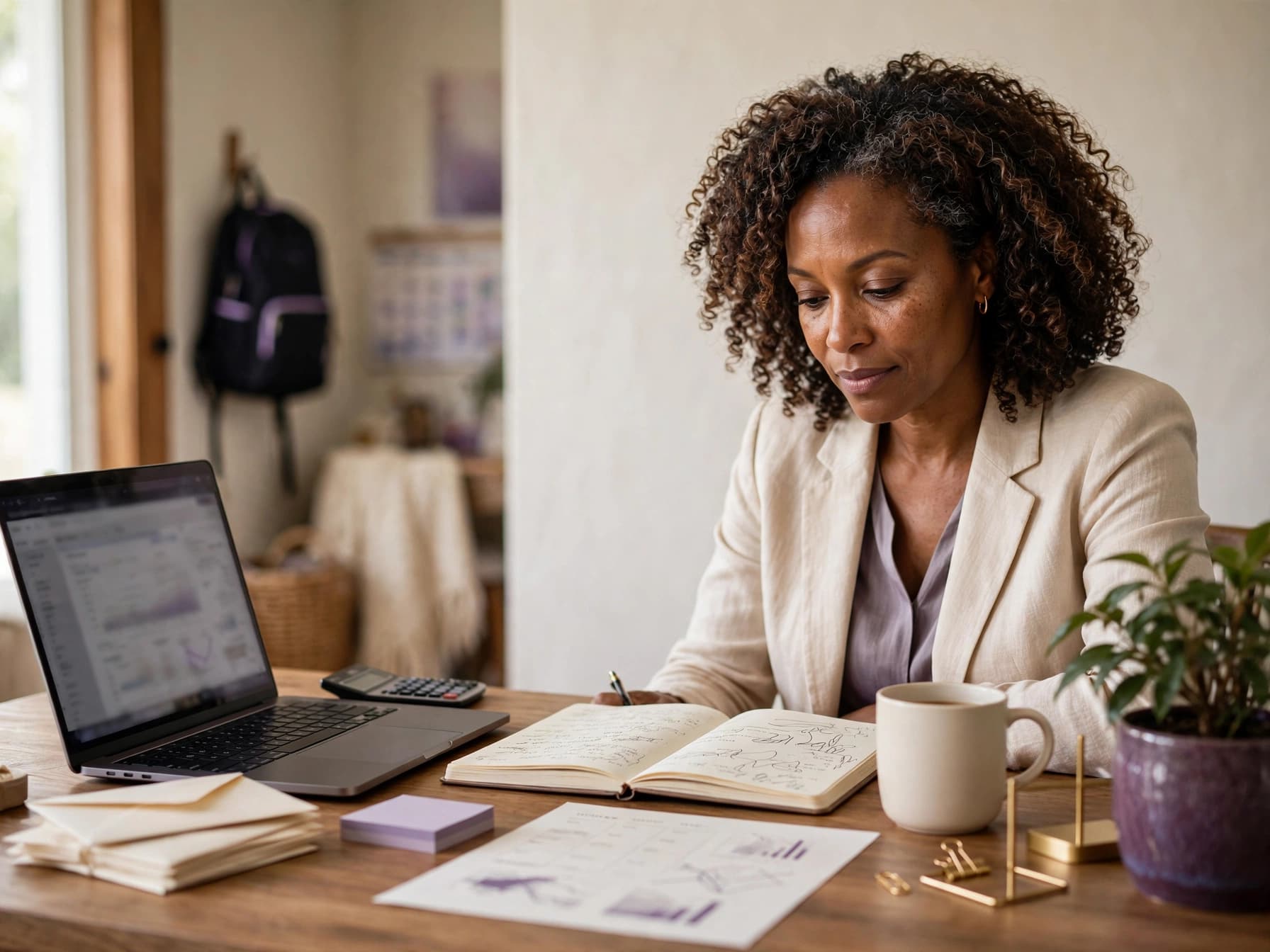 Black woman business owner reviewing a budget notebook and laptop in her home office.