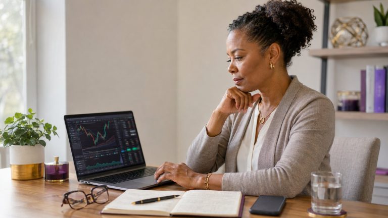 A woman researching a forex trading platform on her laptop