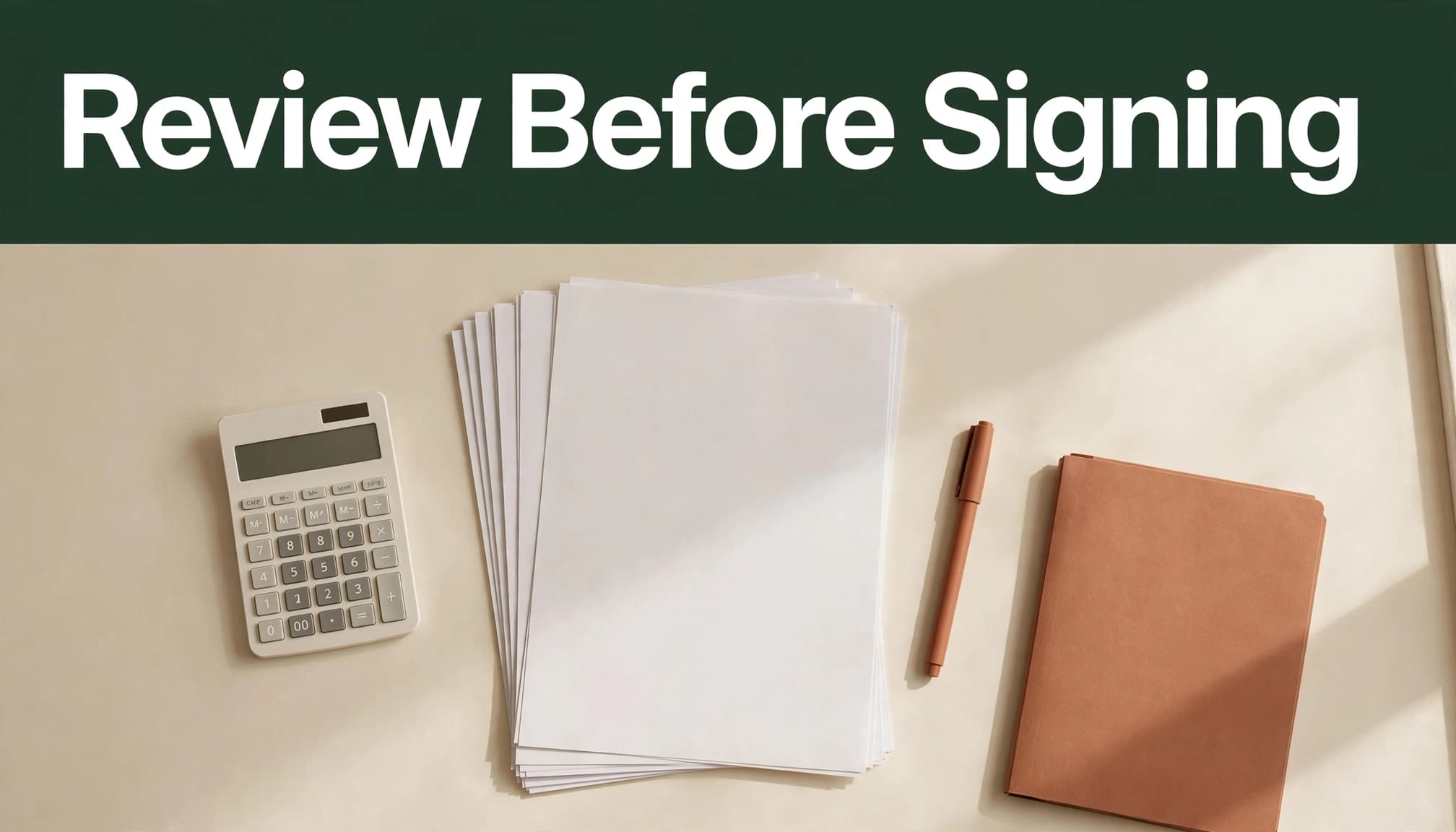 Contract pages, a pen, calculator, and closed folder arranged on a cream table.