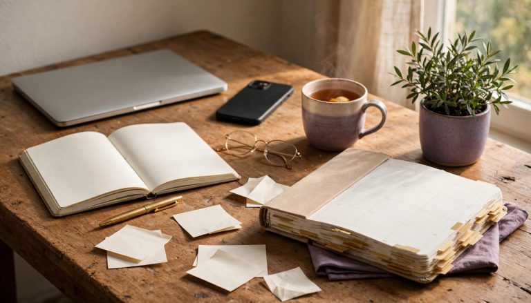 Desk with a planner, blank journal, closed laptop, phone, tea, glasses, and scattered notes