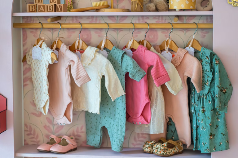 Colorful baby clothes hanging in an organized nursery wardrobe with baby shoes on the shelf below.