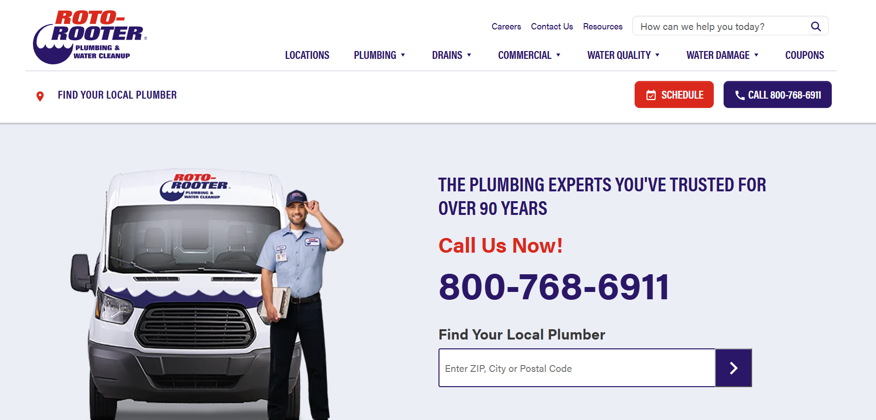 Screenshot of the Roto-Rooter homepage featuring plumbing, drain, and water-damage services