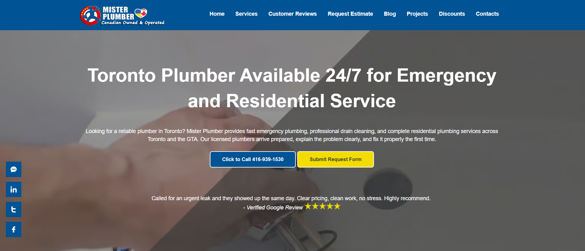 Screenshot of the Mister Plumber homepage featuring Toronto plumbing and basement flood-protection services