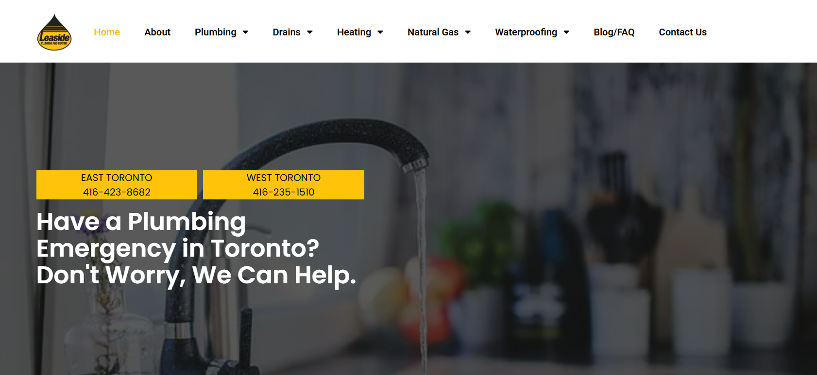 Screenshot of the Leaside Plumbing and Heating homepage featuring plumbing, sump-pump, and waterproofing services