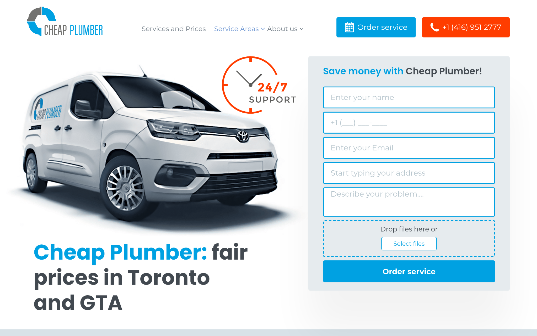 Screenshot of the Cheap Plumber Toronto homepage featuring plumbing services and upfront pricing
