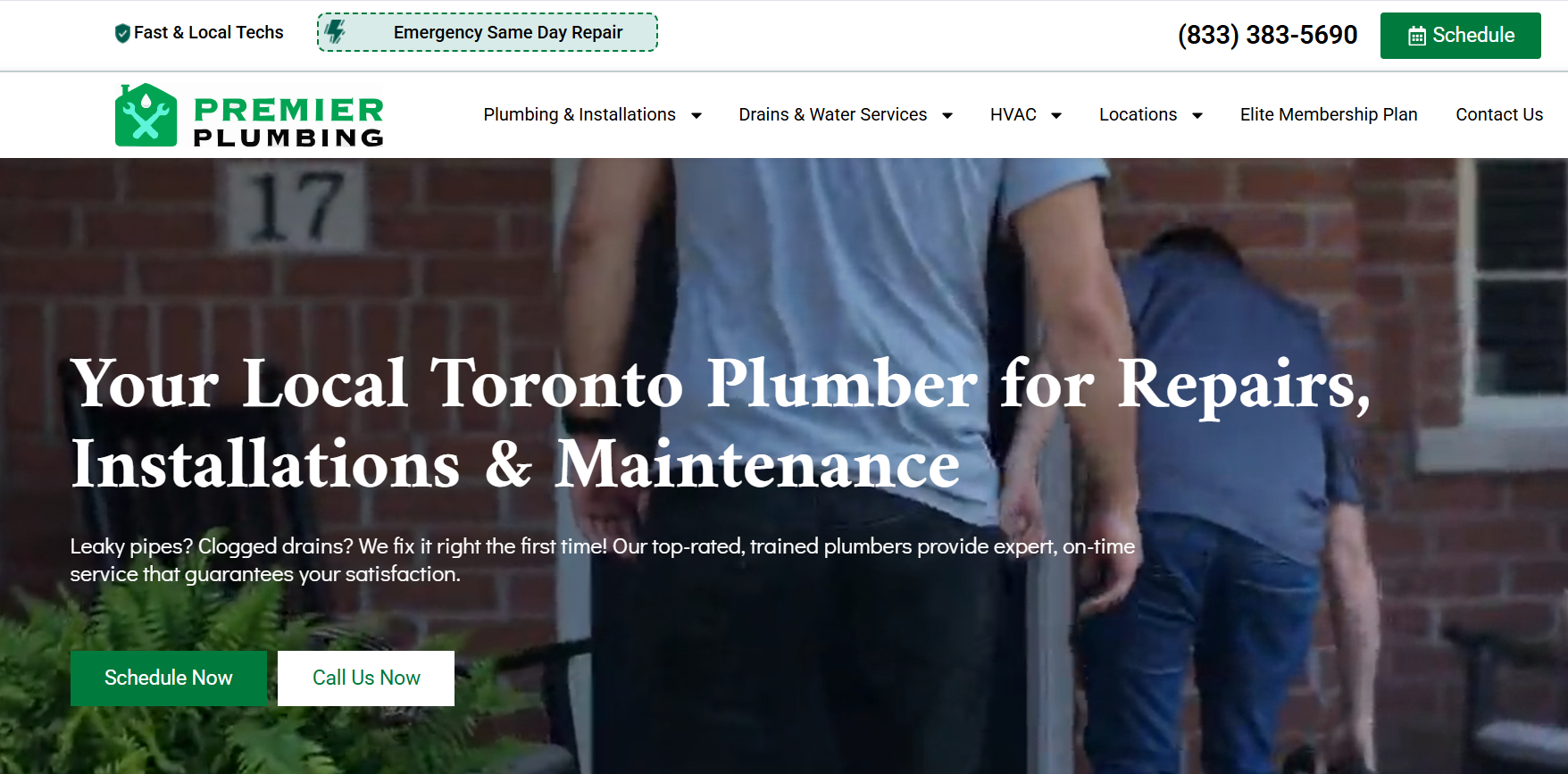 Screenshot of the Premier Plumbing homepage featuring Toronto plumbing and sump pump services