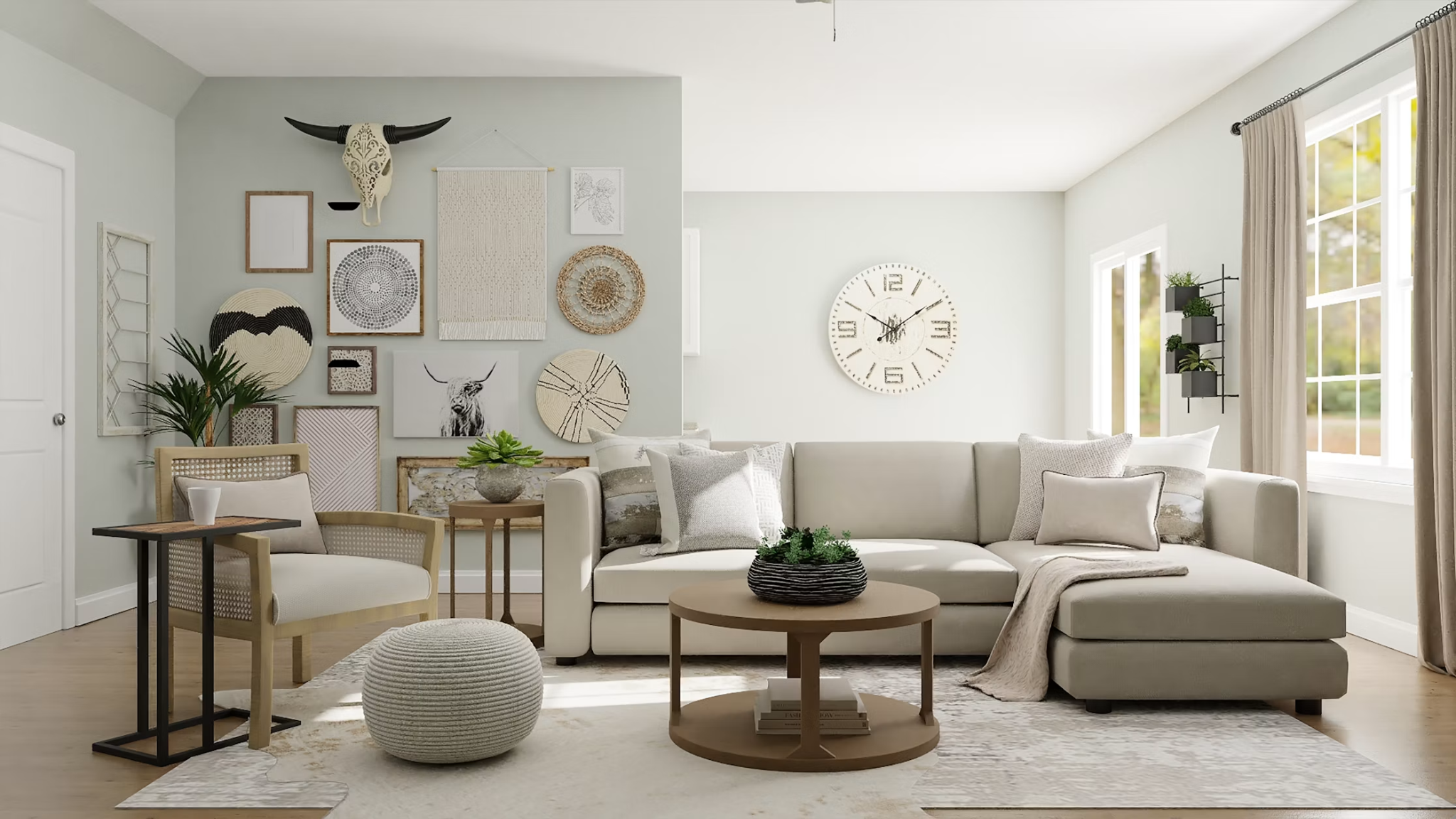Bright modern living room with a sectional sofa, coffee table, wall décor, and large windows