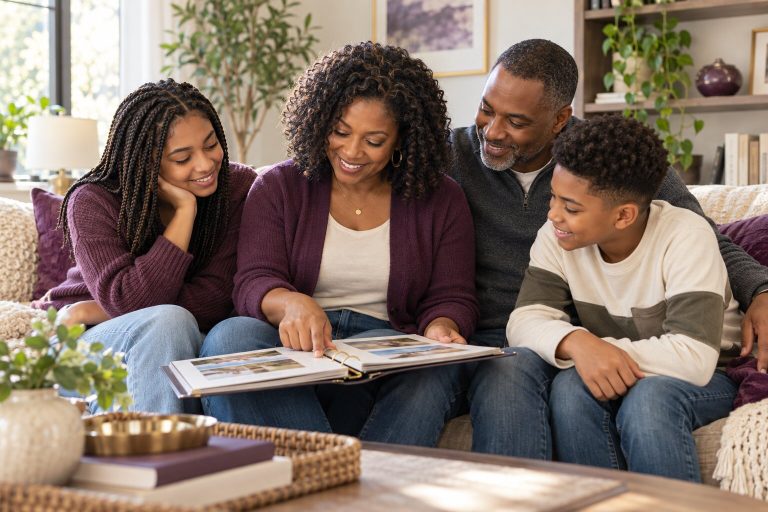 Parents and their two children looking through a family album together at home