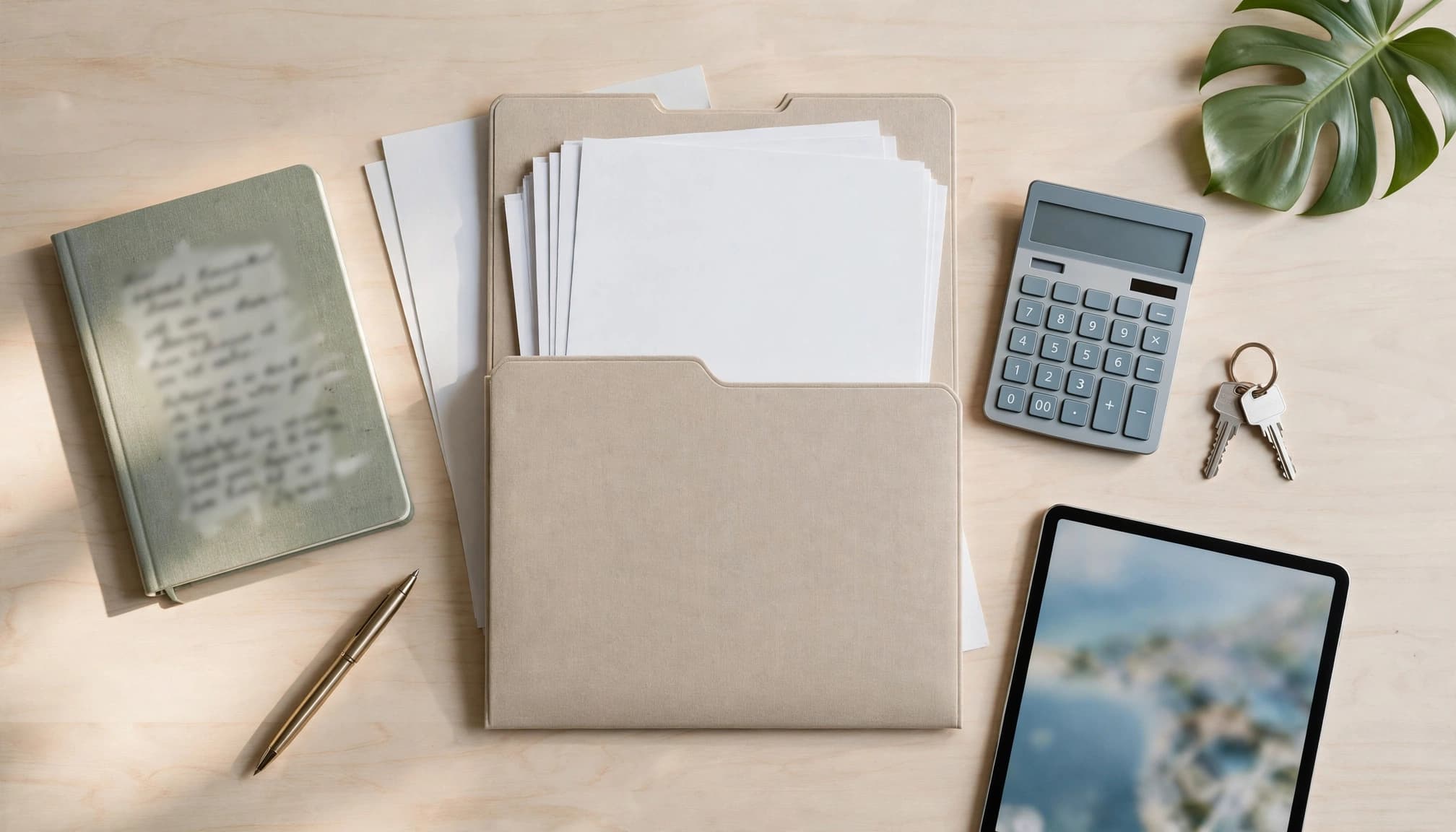 Property documents, calculator, keys, tablet, and notebook arranged on a table for condo purchase planning.