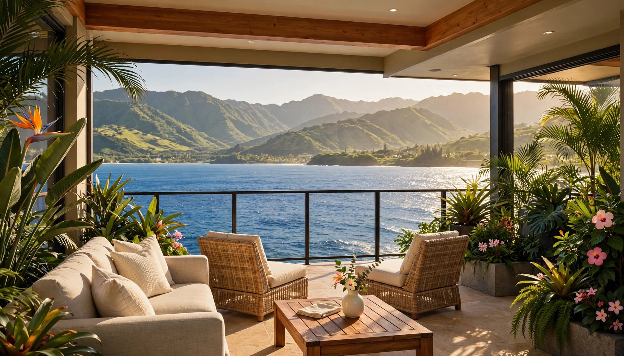 Furnished condo lanai with tropical landscaping, palm trees, and a view of the Pacific Ocean.