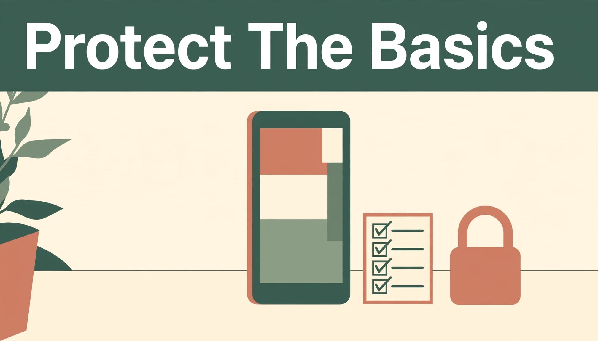 A smartphone, checklist, and padlock sit on a pale desk beneath a green headline band.