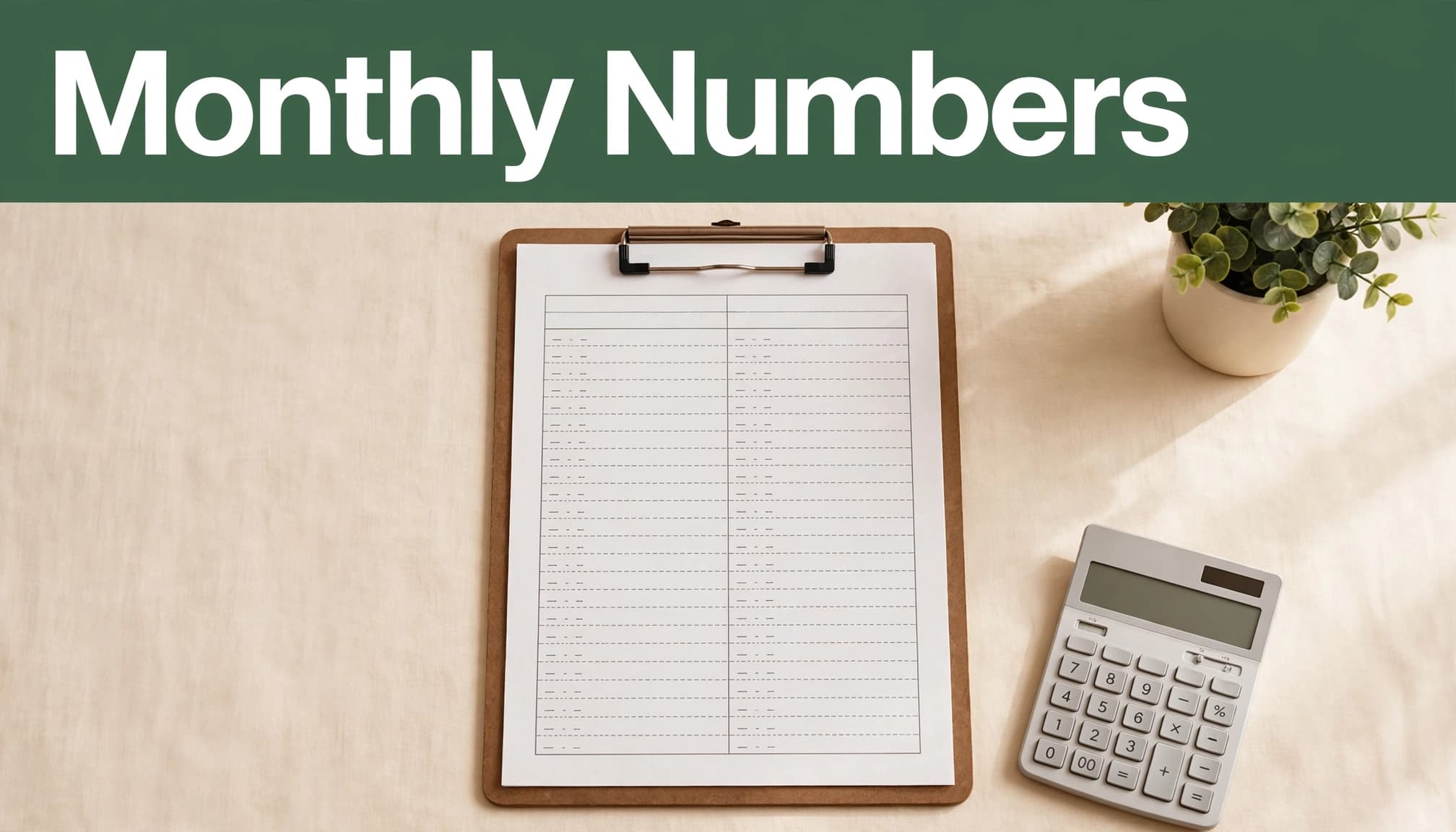 A clipboard spreadsheet and calculator sit in a bright home office beside a small plant.