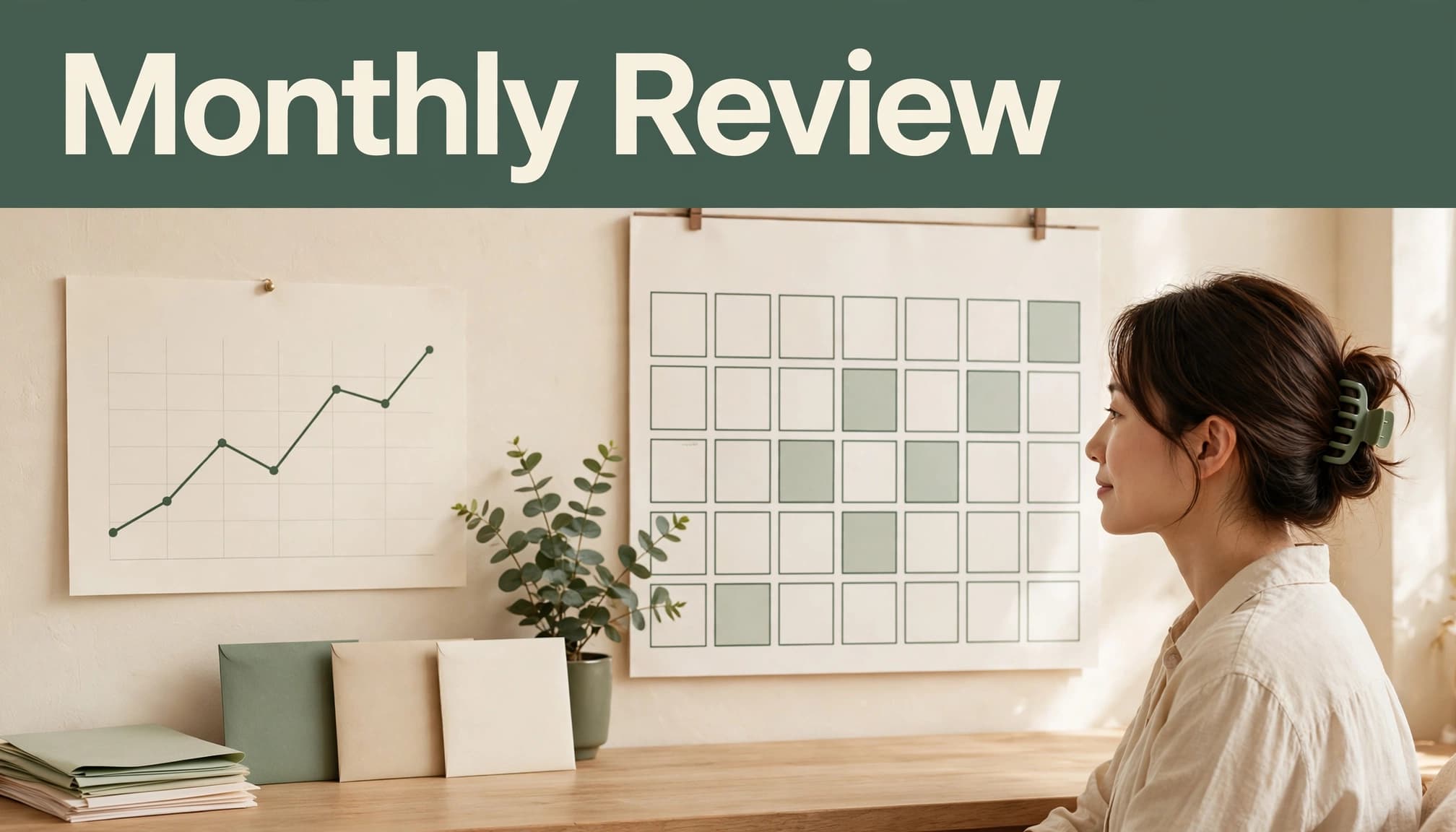A business owner reviews a wall calendar, revenue chart, and cash envelopes in a cozy studio.
