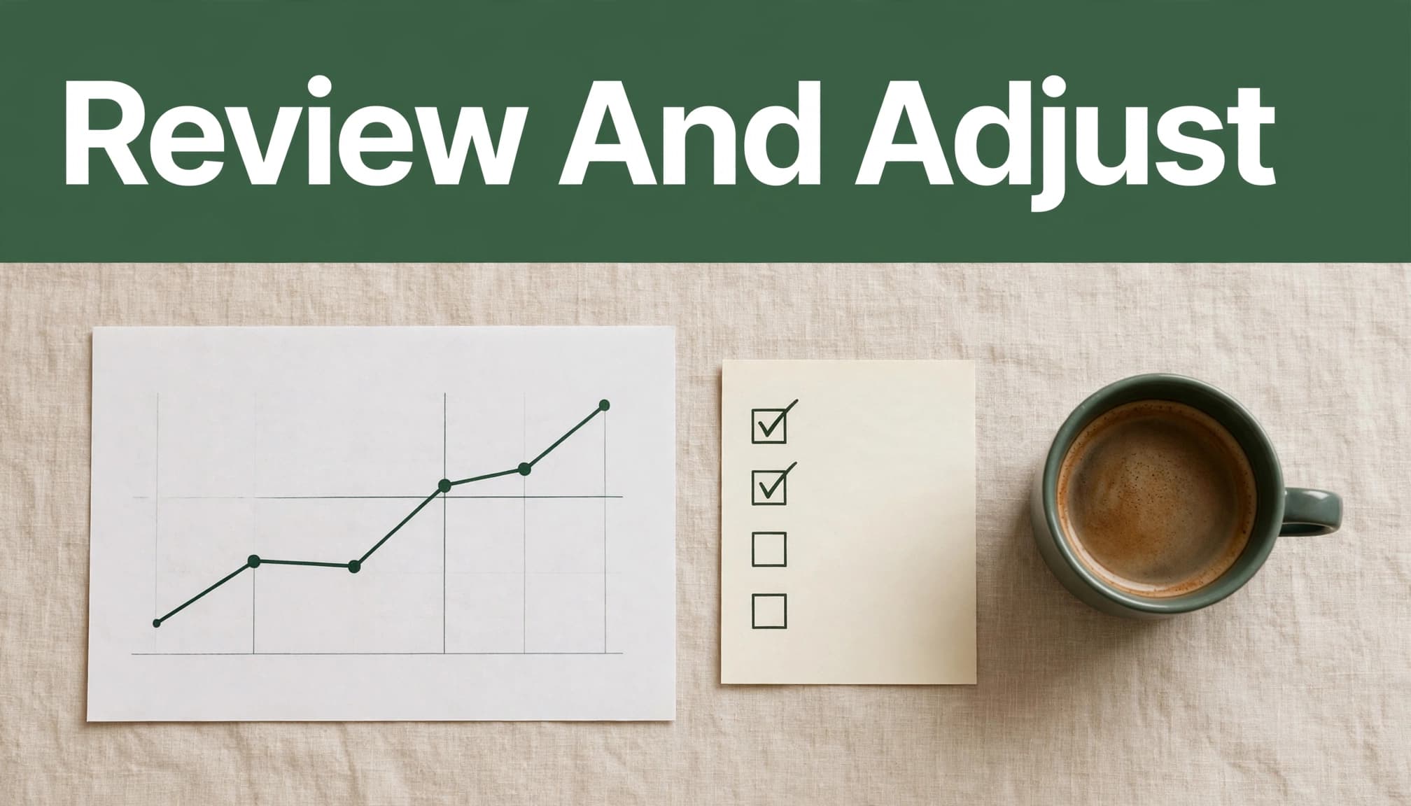 A line chart, checklist, and coffee cup on a table beneath a green headline band.