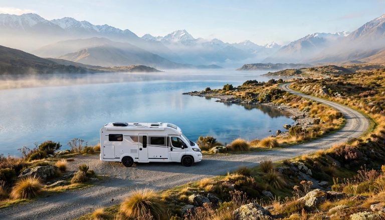 White campervan parked beside a mountain lake on a winding road in New Zealand