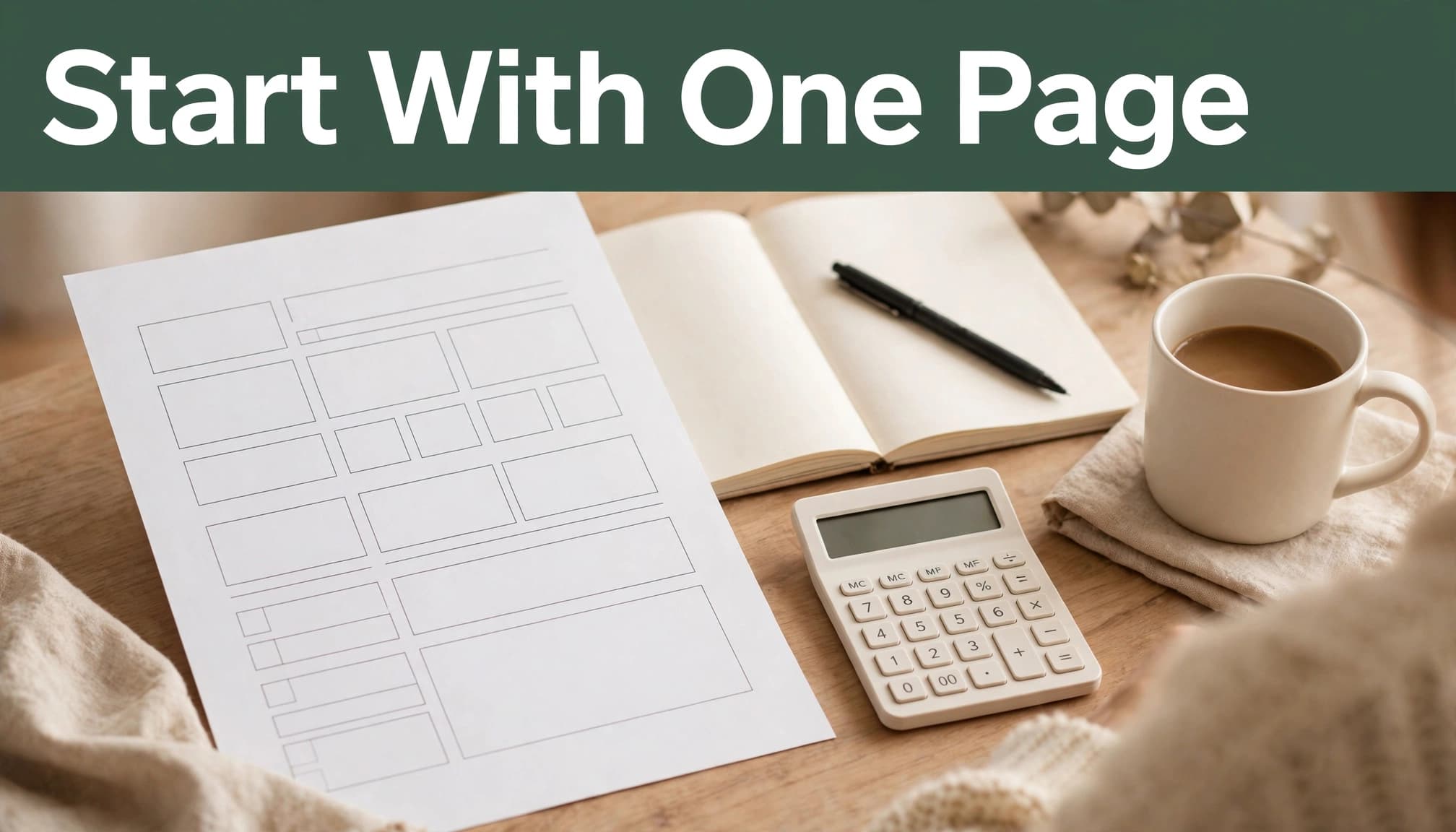 A planning worksheet beside a notebook, calculator, pen, and coffee at home.