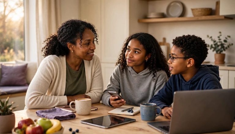 Mother discussing online safety with her teenage daughter and preteen son at the kitchen table